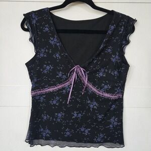 Romwe Women's Black Babydoll Top Coquette Y2K Micro Floral Lace Fairy‎ Goth Bow